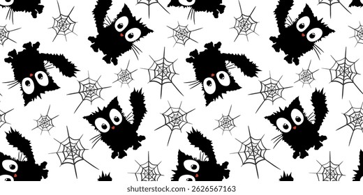 halloween seamless pattern cute big-eyed black cats spider webs white background, childish spooky holiday design cards cartoon kitty cobweb illustration