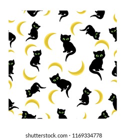 Halloween seamless pattern with cute black kitten ana yellow half-moon on white background