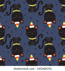 Halloween seamless pattern with cute black cat and corn-candy graphics on starry night. Design for gift wrap, textile, fabric, decoration, wallpaper, scrapbook and packaging.
