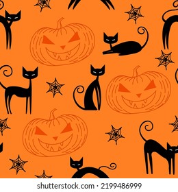 Halloween seamless pattern Cute black cats pumpkin and spider with cobwebs on orange background Vector