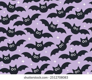 Patrón sin fisuras de Halloween. Lindos murciélagos negros sobre un fondo púrpura. Espeluznante, patrón divertido para el papel de embalaje, textil. Muchos murciélagos.