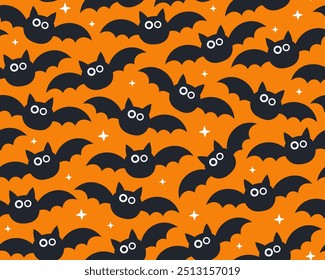 Halloween seamless pattern. Cute black bats on an orange background. Spooky, funny pattern for wrapping paper, textile. Lots of little bats.