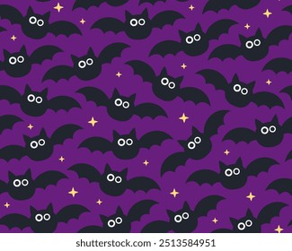 Halloween seamless pattern. Cute black bats and small yellow stars on a dark purple background. Spooky, funny pattern for wrapping paper, textile. Lots of little bats.