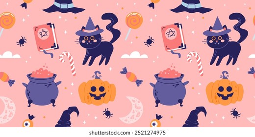 Halloween seamless pattern with cute black cats and pumpkins. Vector illustration in flat style