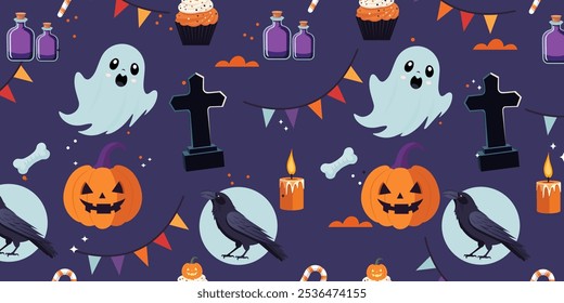 Halloween seamless pattern with cute black rip, pumpkins, ghost, bone, candles, crow and candies. Vector illustration in flat style