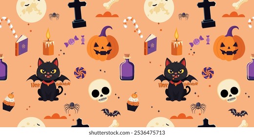 Halloween seamless pattern with cute black cats, candies, spiders, moon, candles, rip and pumpkins. Vector illustration in flat style