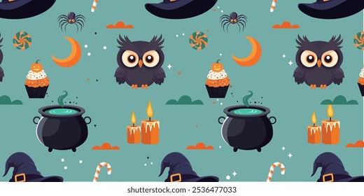 Halloween seamless pattern with cute black owls, witch hat, cupcakes, candles and potion. Vector illustration in flat style