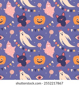 Halloween seamless pattern with cute black cats, pumpkins ghosts and bats. Flat style illustration, background for packaging