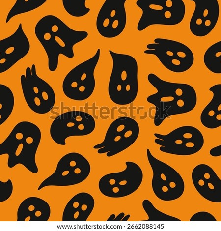 Halloween seamless pattern with cute black ghost on a orange background. Vector illustration
