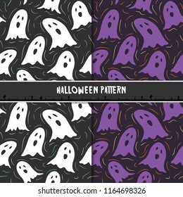 Halloween seamless pattern with cute cartoon ghosts. Design for background, wallpaper or gift wrapping paper. Vector illustration. 