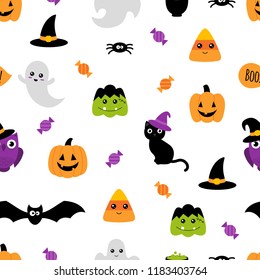 Halloween seamless pattern. Cute cartoon wallpaper withWhite background. Vector illustration