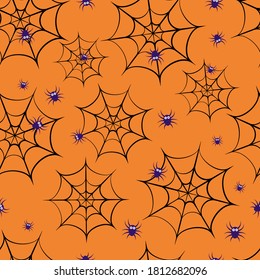 Halloween seamless pattern with cute cartoon spiders and web. Easy to edit vector template for greeting card, banner, poster, party invitation, fabric, textile, wrapping paper, etc.