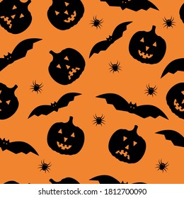 Halloween seamless pattern with cute cartoon pumpkins and bats. Easy to edit vector template for greeting card, banner, poster, party invitation, fabric, textile, wrapping paper, etc.