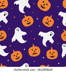 Halloween seamless pattern with cute cartoon pumpkins   and ghosts on purple background. Vector template for greeting card, banner, poster, party invitation, fabric, textile, wrapping paper, etc.