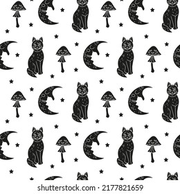 Patrón ininterrumpido de Halloween con lindos gatos de dibujos animados, media luna y hongos venenosos sobre fondo blanco