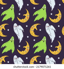 Halloween seamless pattern with cute cartoon ghosts and half moons on a purple background