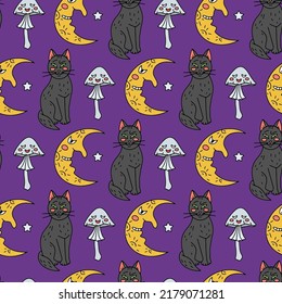 Halloween seamless pattern with cute cartoon cats, half moons and poisonous mushrooms on a purple background