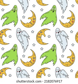 Halloween seamless pattern with cute cartoon ghosts and half moons on white background