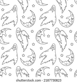 Halloween seamless pattern with cute cartoon ghosts and half moons on white background