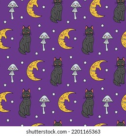 Halloween seamless pattern with cute cartoon cats, half moons and poisonous mushrooms on a purple background