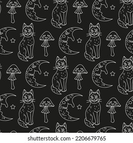 Patrón ininterrumpido de Halloween con lindos gatos de dibujos animados, media luna y hongos venenosos sobre fondo negro