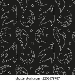 Halloween seamless pattern with cute cartoon ghosts and half moons on a black background