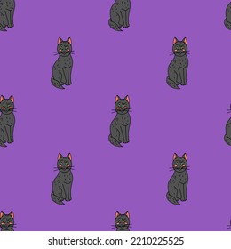 Halloween seamless pattern with cute cartoon black cats on a purple background