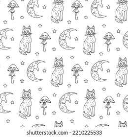 Patrón ininterrumpido de Halloween con lindos gatos de dibujos animados, media luna y hongos venenosos sobre fondo blanco