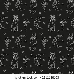 Halloween seamless pattern with cute cartoon cats, half moons and poisonous mushrooms on a black background