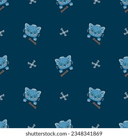 Halloween Seamless Pattern with Cute Cartoon Angry Cat Heads. Vector illustration