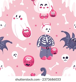 Halloween seamless pattern. Cute cartoon characters in pink colors. Baby skeleton, pumpkin, ghosts begging for sweets. For wallpaper, printing on fabric, wrapping, background.