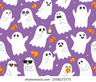 Halloween nahtloses Muster mit niedlichen Cartoon-Geistern. Halloween-Figuren, Maisbonbons, violetter Hintergrund. Design zum Verpacken von Papier, Textil.