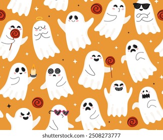 Halloween seamless pattern with cute cartoon ghosts. Halloween characters, candies, orange background. Design for wrapping paper, textile.