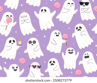 Halloween seamless pattern with cute cartoon ghosts. Halloween characters, candies, purple background. Design for wrapping paper, textile.