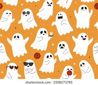 Halloween seamless pattern with cute cartoon ghosts. Halloween characters, candies, orange background. Design for wrapping paper, textile.