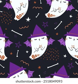 Halloween seamless pattern with cute cartoon cat ghost . Funny halloween childish background, texture.Creative mushrooms vector illustration