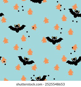 Halloween seamless pattern with cute cartoon black spooky bats and orange ghosts on blue background.