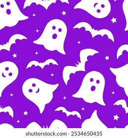 Halloween seamless pattern with cute cartoon ghosts. Vector background for scrapbooking, textile, fabric, wrapping paper, etc