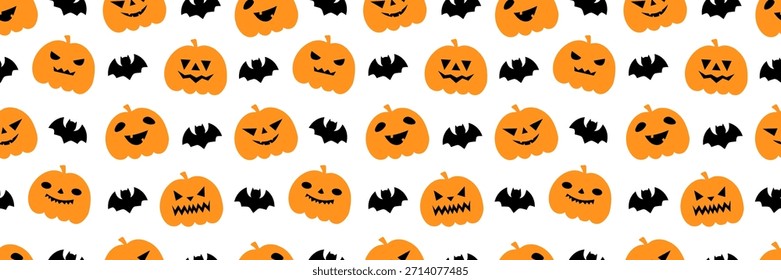Patrón sin fisuras de Halloween con lindas calabazas de dibujos animados y murciélagos espeluznantes. Fondo de pantalla de otoño perfecto con caras felices de jack-o-lantern y decoraciones festivas de Halloween.