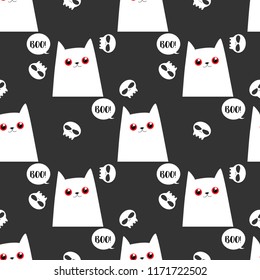 Halloween seamless pattern with cute cat and Boo text