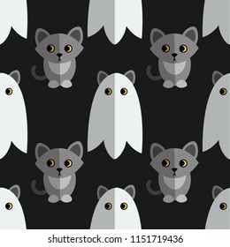 Halloween seamless pattern with cute cats and ghosts. Nice and beautiful vector graphic illustration