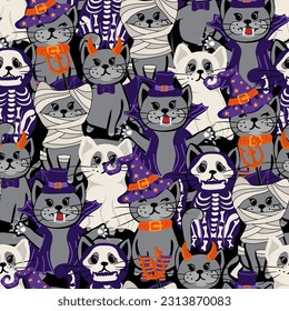 Halloween seamless pattern with cute cats in spooky outfits. Funny holiday texture Perfect for gift wrapping, home decor and Textiles. Vector illustration