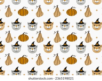 Halloween seamless pattern. Seamless pattern with cute cats and pympkins. Vector flat design illustration.