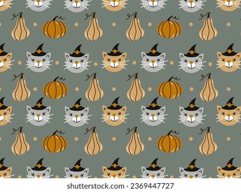 Halloween seamless pattern. Seamless pattern with cute cats and pympkins. Vector flat design illustration.