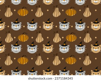 Halloween seamless pattern. Seamless pattern with cute cats and pympkins. Vector flat design illustration.