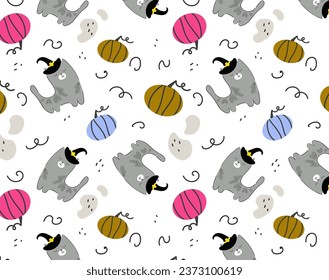Halloween seamless pattern. Seamless pattern with cute cats and pympkins. Vector flat design illustration.