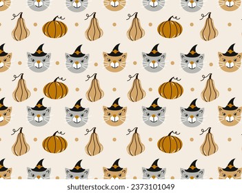 Halloween seamless pattern. Seamless pattern with cute cats and pympkins. Vector flat design illustration.