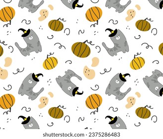 Halloween seamless pattern. Seamless pattern with cute cats and pympkins. Vector flat design illustration.