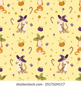 Halloween seamless pattern. Cute cats dressed in witch hats halloween costume. Endless pattern with kittens, candies, halloween decor. Soft colors surface design for kids fabric and nursery decor