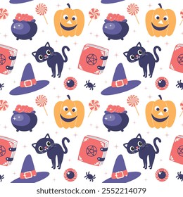 Patrón sin fisuras de Halloween con lindos gatos, calabazas, sombreros de bruja y calderos. Ilustración de estilo plano